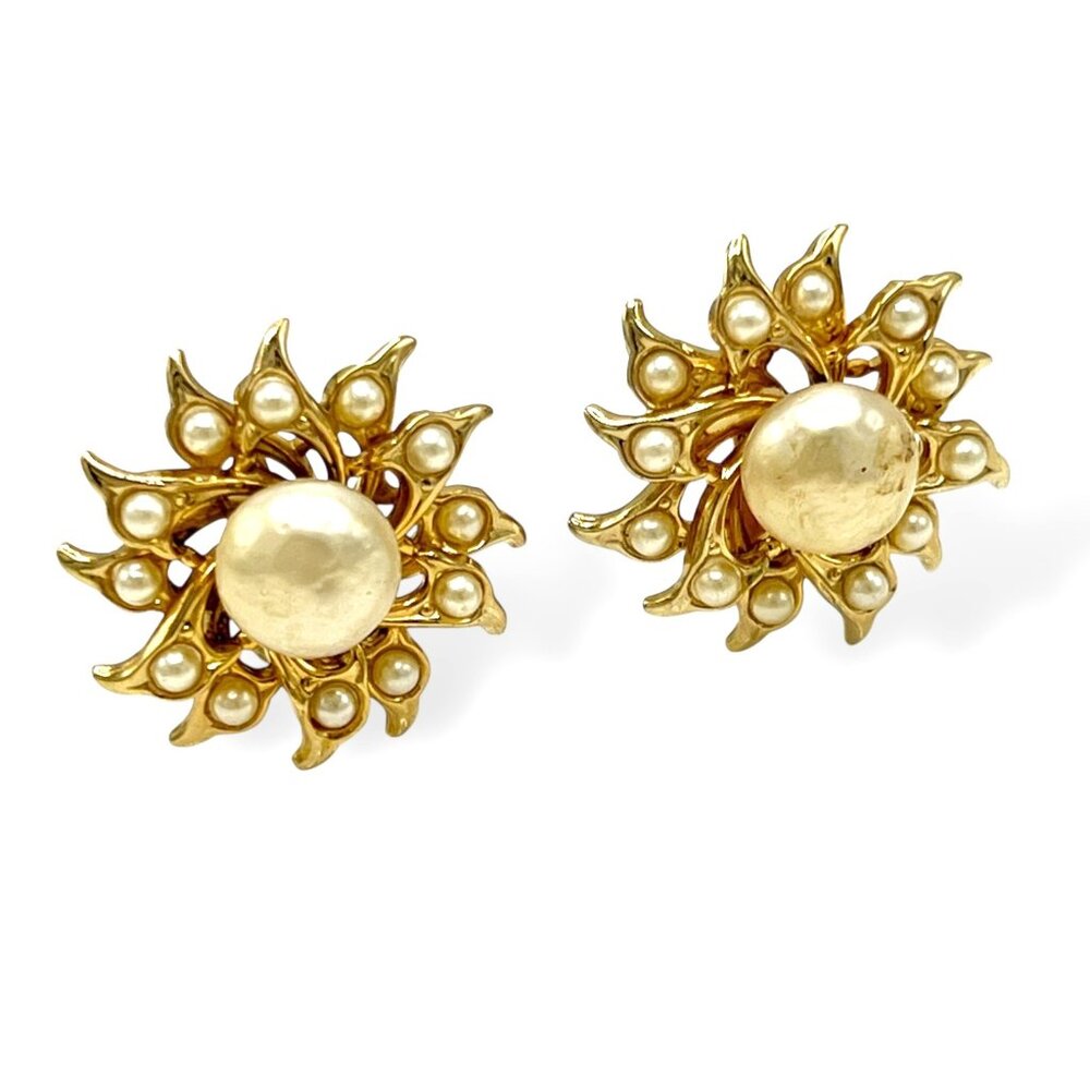 ACCESSOCRAFT NYC Gold Tone Faux Pearl Sun Screw Fast Clip On Earrings Vintage